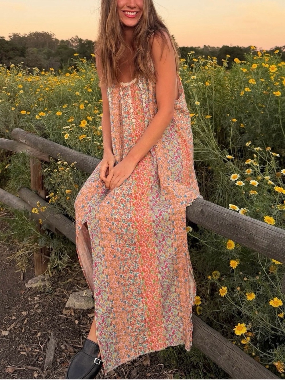 Natural Life Cosette Embroidered Cotton Floral Maxi Dress L/XL NWT Orange Teal